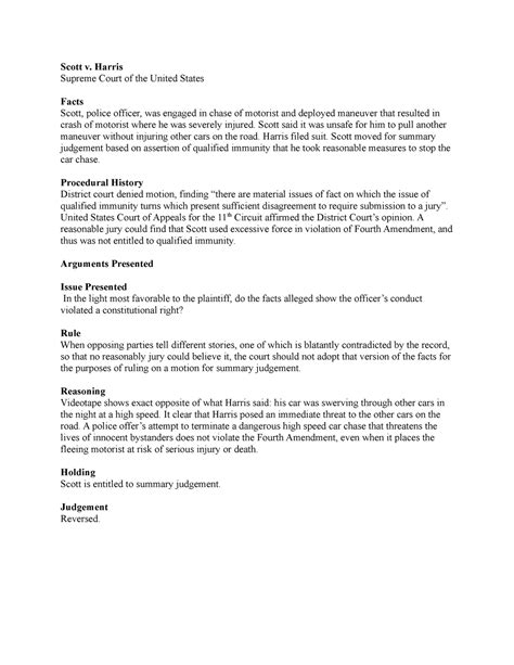 Scott v Harris - Case brief. - Scott v. Harris Supreme Court of the ...