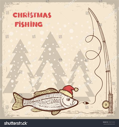 Christmas Fishing Card Fish Red Santa Stock Vector (Royalty Free) 155311010