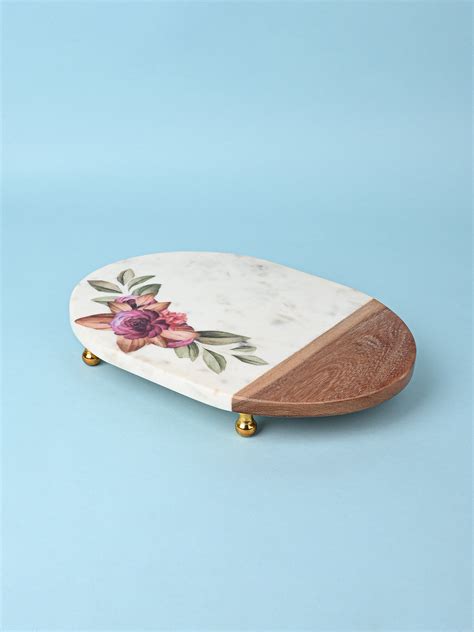 Printed Serving Tray Made of Marble and Wood with Stylish Metal Legs