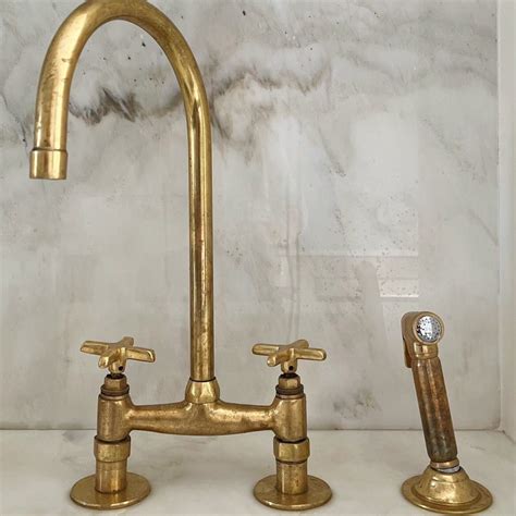 Unlacquered Brass Bridge Kitchen Faucet, Antique Aged Brass, Countertop ...