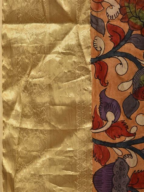 Light Orange Kalamkari Hand Painted Kanchipuram Silk Handloom Saree wi ...