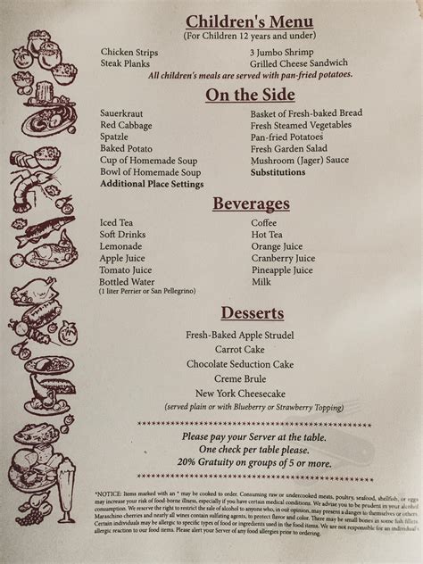 Friedhelm's Bavarian Inn menu in Fredericksburg, Texas, USA