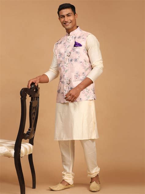 VASTRAMAY Light Pink Floral Print Nehru Jacket And Cream Solid Kurta W ...