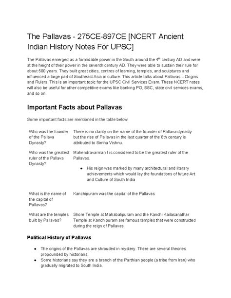 The Pallavas 275CE 897CE Ncert Ancient Indian History Notes For UPSC ...