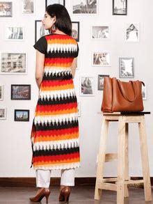 Black Orange Ivory Red Hand Block Printed & Ikat Kurta With Natural Co ...