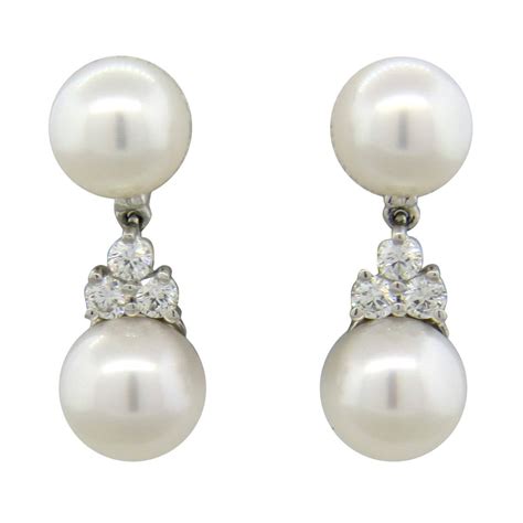 Tiffany and Co. Aria Platinum Pearl Diamond Drop Earrings at 1stDibs