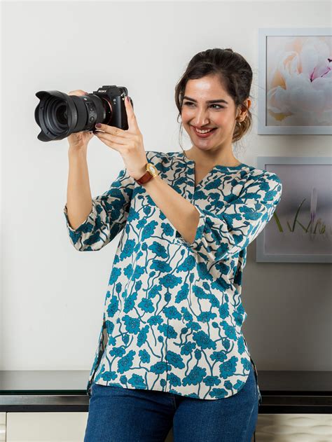 Butterfly Tunic - Women's Cotton Satin Top in Blue Floral Fabric