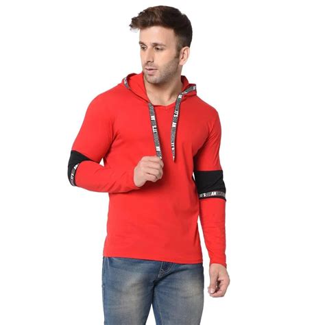 Stylish Men's Red Typography Cotton Self Pattern Hooded T-Shirt