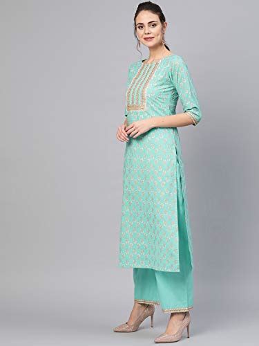 Buy idaLia Women's Rama Green Gold Print Cotton Kurta With Palazzo ...