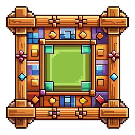 Pixel art wooden frame with colorful geometric patterns and green ...