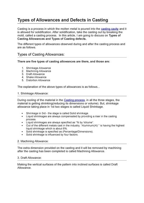 Types of Allowances and Defects in Casting - After solidification, take ...