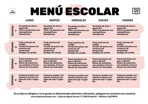 Diseño de menú de mediodía para escuelas editable | Plantillas de menú ...