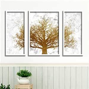 SAF paintings set of 3 golden tree premium white frame wall painting ...