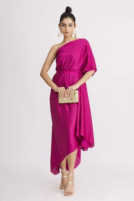 Buy Pink Dupion Silk Plain Asymmetric One Shoulder Draped Dress For ...