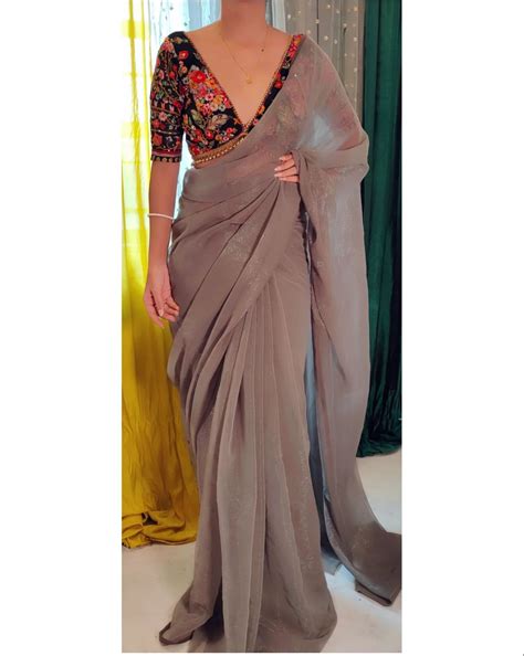 Plain Satin Silk Party Wear Saree with Embroidered Work Blouse ...