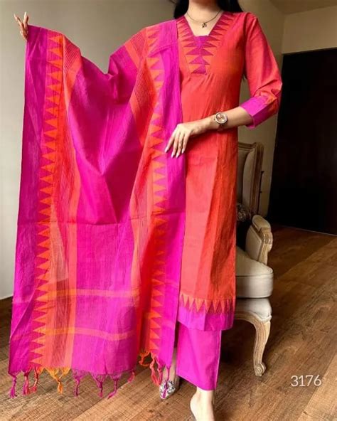 MUDRA FASHION Orange and Pink Handloom South Cotton Kurta With Pant ...