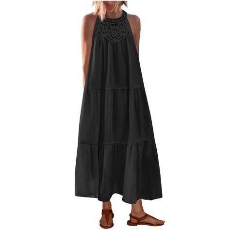 ATOYSOY Summer Dresses for Women Crew Neck Lace Splicing Long Dress ...
