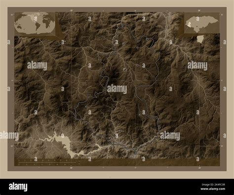 Lempira, department of Honduras. Elevation map colored in sepia tones ...