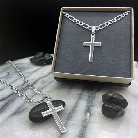 Mens Cross Necklace With Figaro Chain, Solid Sterling Silver ...