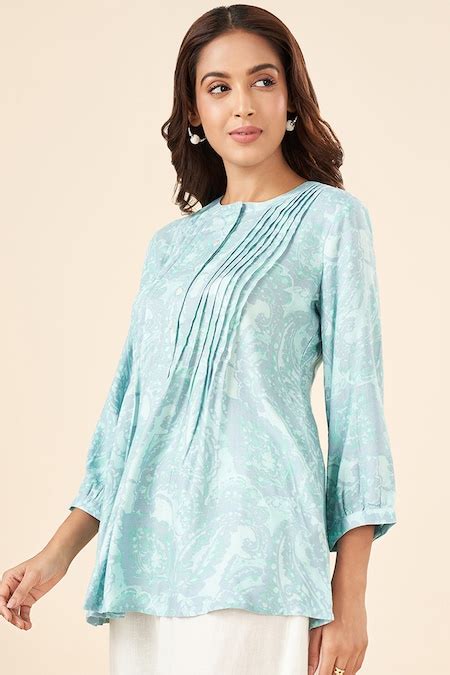 Turquoise Printed Rayon Mandarin Collar Women Regular Fit Tunics ...