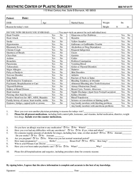 Plastic Surgery Medical History Form - Blank Fillable Template | Fill ...