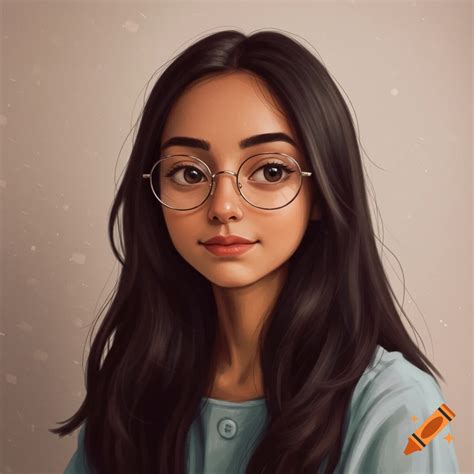 Stylized illustration of a girl with curly dark hair, glasses, and blue ...