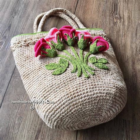 Crochet Jute Bag With 3D Rose Embellishments 钩针编织立体玫瑰花麻线包包 | Crochet ...