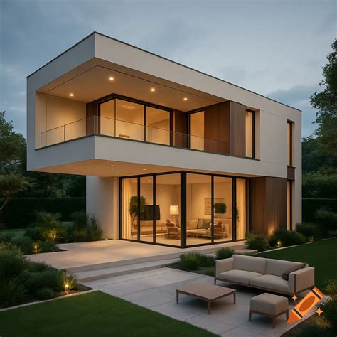 Photorealistic image of a modern L-shaped house with large windows and ...