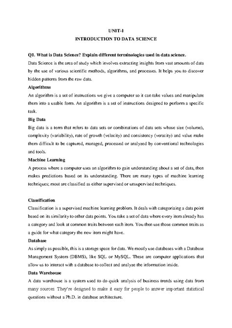 Unit no 1 Introduction to DS - UNIT-I INTRODUCTION TO DATA SCIENCE Q1 ...