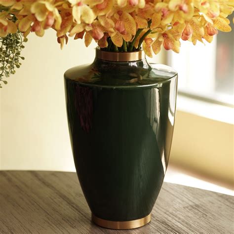 Green Bottleneck Ceramic Vase with Gold Rim - Large
