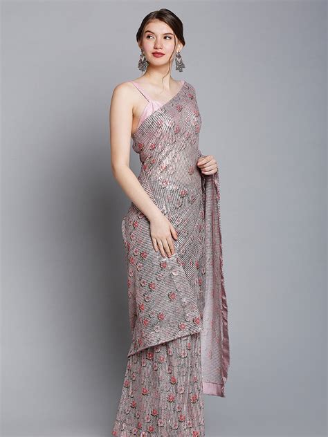 Onion Pink Floral Print Sequin Net Saree – Tirumala Designers