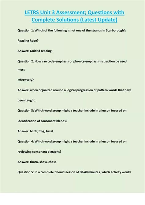 LETRS Unit 3 Assessment; Questions with Complete Solutions (Latest ...