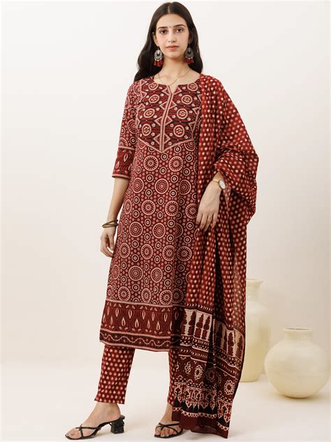 Ajrakh Tahsin Set Of Kurta Pants Dupatta – InduBindu
