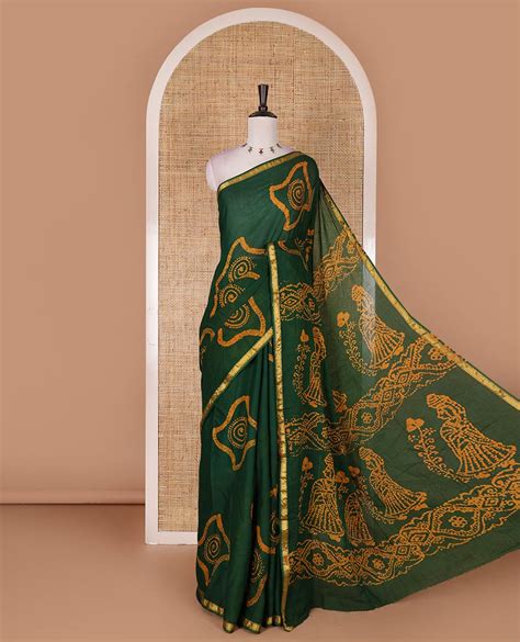 Green batik geometric printed pure cotton saree, zari piping border, h