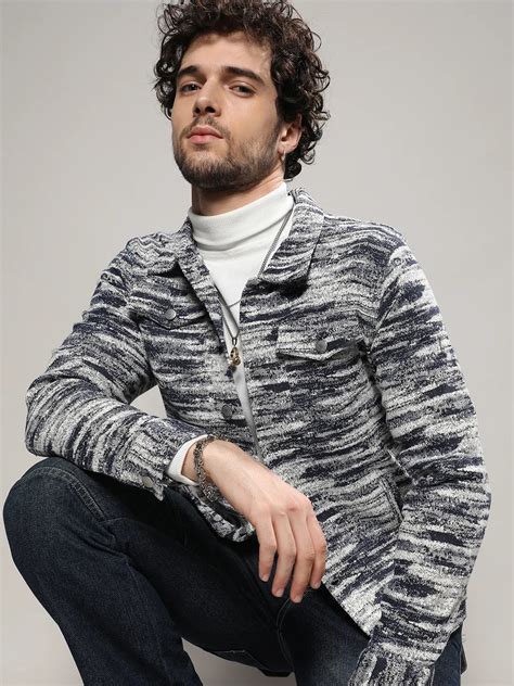 Campus Sutra Men's Navy Blue & Chalk White Contrast Denim Heathered ...