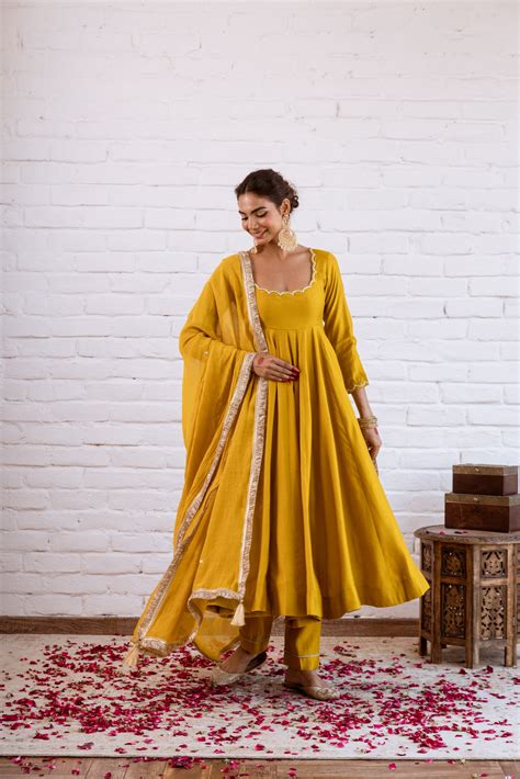 Noorani Mustard Solid Anarkali Set – Tamara