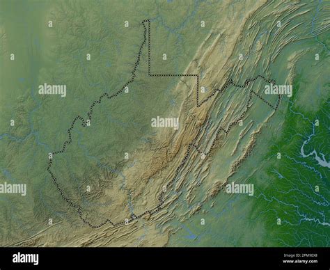 West Virginia, state of United States of America. Colored elevation map ...