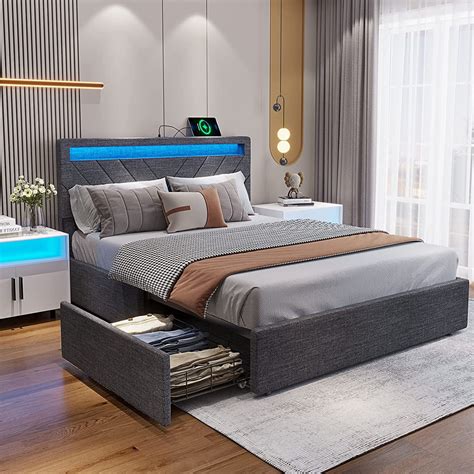 Gray Full Bed Frame with Headboard, Modern Upholstered Platform Bed ...
