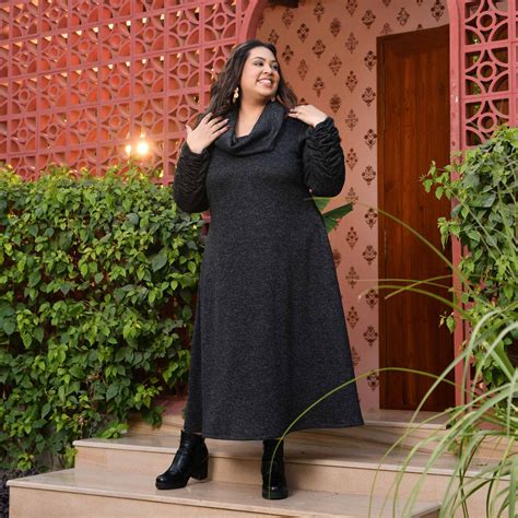Buy Woollen Greyish Black Stretchable Cowl Neck Aline Dress | Meera ...