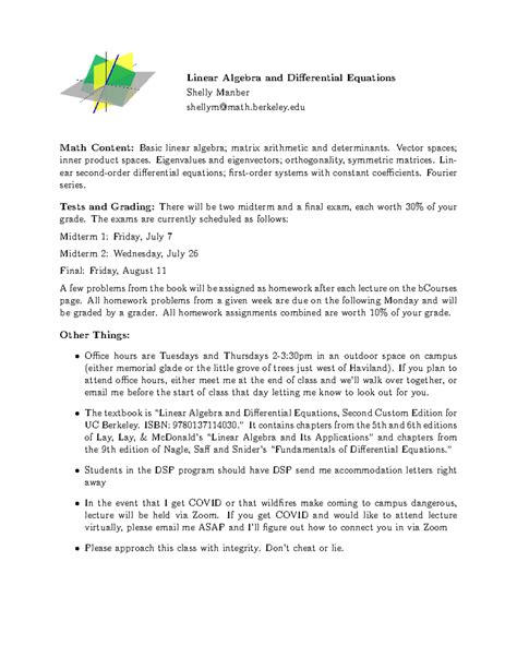 Math 54 Syllabus - Linear Algebra and Differential Equations Shelly ...