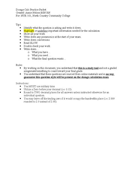 Dosage Calc Practice Packet - Created: Annie Nelson BSN RN For: NUR 101 ...