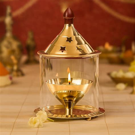 Buy Thangam Medium Size Akhand Diya Decorative Brass Glass Oil Lamp ...