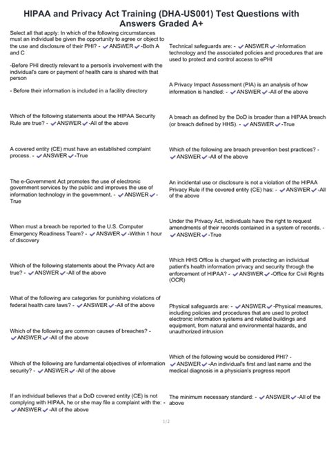 HIPAA and Privacy Act Training (DHA-US001) Test Questions with Answers ...