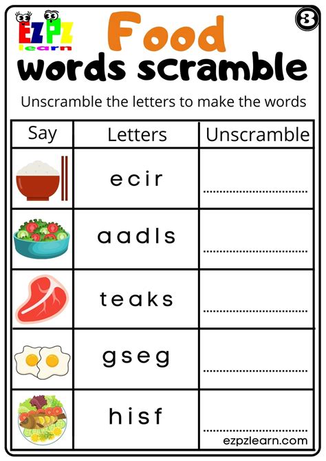 Food Word Scramble Worksheet for Kindergarten K5 and ESL PDF Download ...