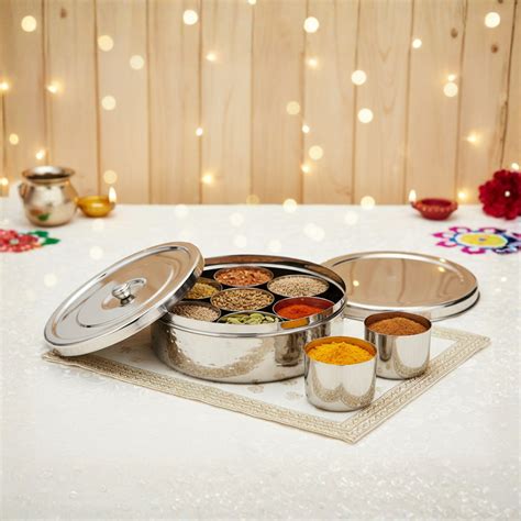 Vinod Stainless Steel Hammered Masala Dabba / Spice Box, 7 Containers