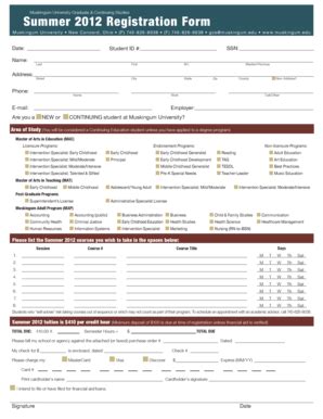 Fillable Online muskingum Summer 2012 Registration Form - Muskingum ...