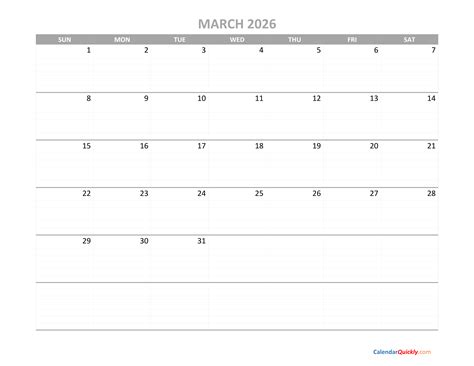 March Calendar 2026 Printable | Calendar Quickly