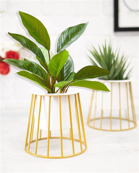Homesake Metal Golden Planter with Stand – Stylish White Flower Pot for ...