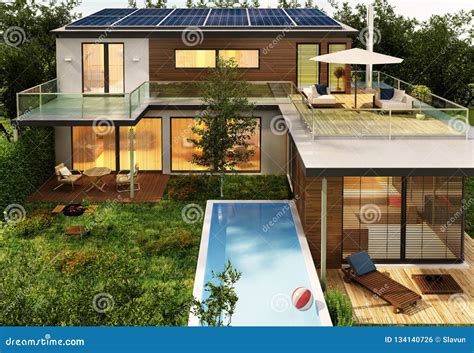 Modern House with Pool and Solar Panels Stock Photo - Image of panels ...