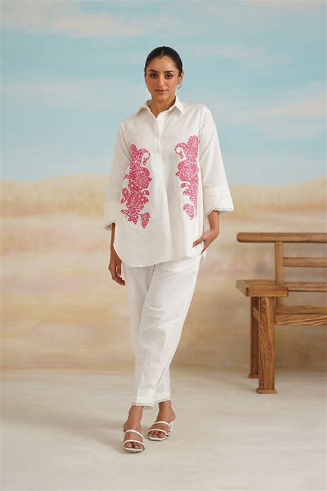 White Rose Cotton Linen Embroidered Matching Set